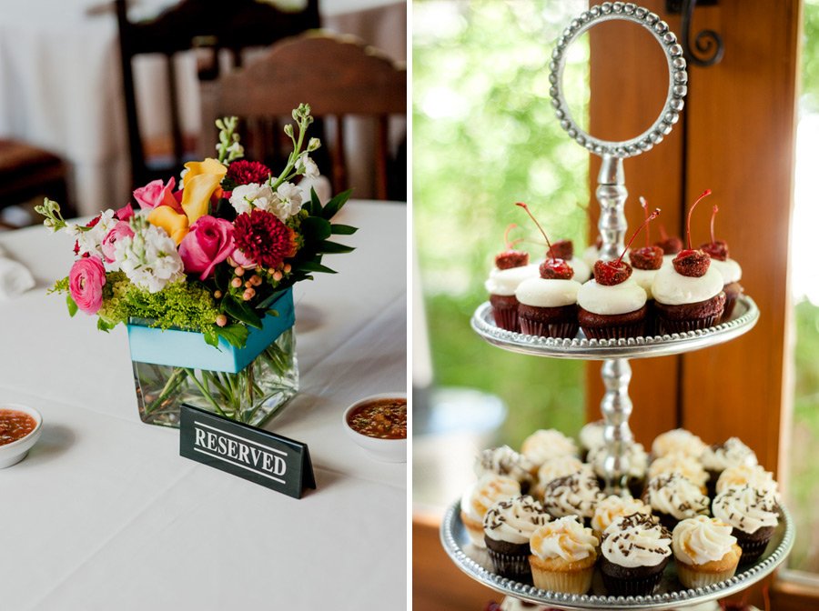 intimate wedding details of cupcakes and brightly colored floral centerpieces