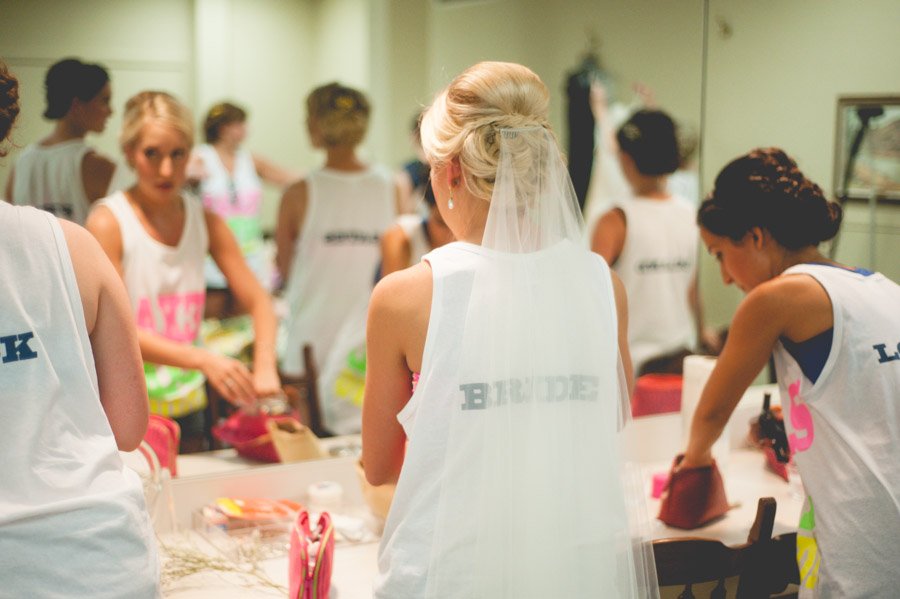 bride wears her veil while getting ready at First Presbyterian Church in San Antonio, Texas