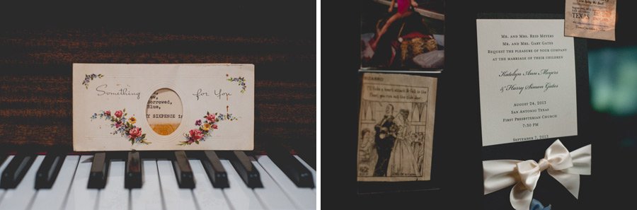 details of vintage lucky sixpence and wedding invite on family fridge