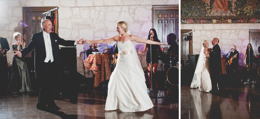father and daughter dance together at the Southwest School of Art, first dance at Southwest School of Art in San Antonio, San Antonio wedding photographer, father daughter coordinated dance, black tie wedding at southwest school of art in san antonio
