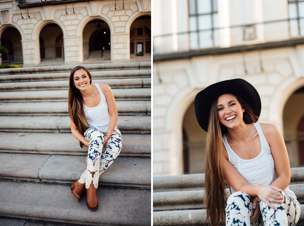 candid photographs of a girl laughing on the steps on the UT Austin campus 