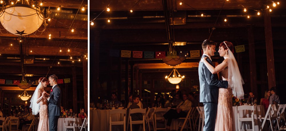 warehouse wedding first dance, bride in pink wedding dress, urban wedding in dallas