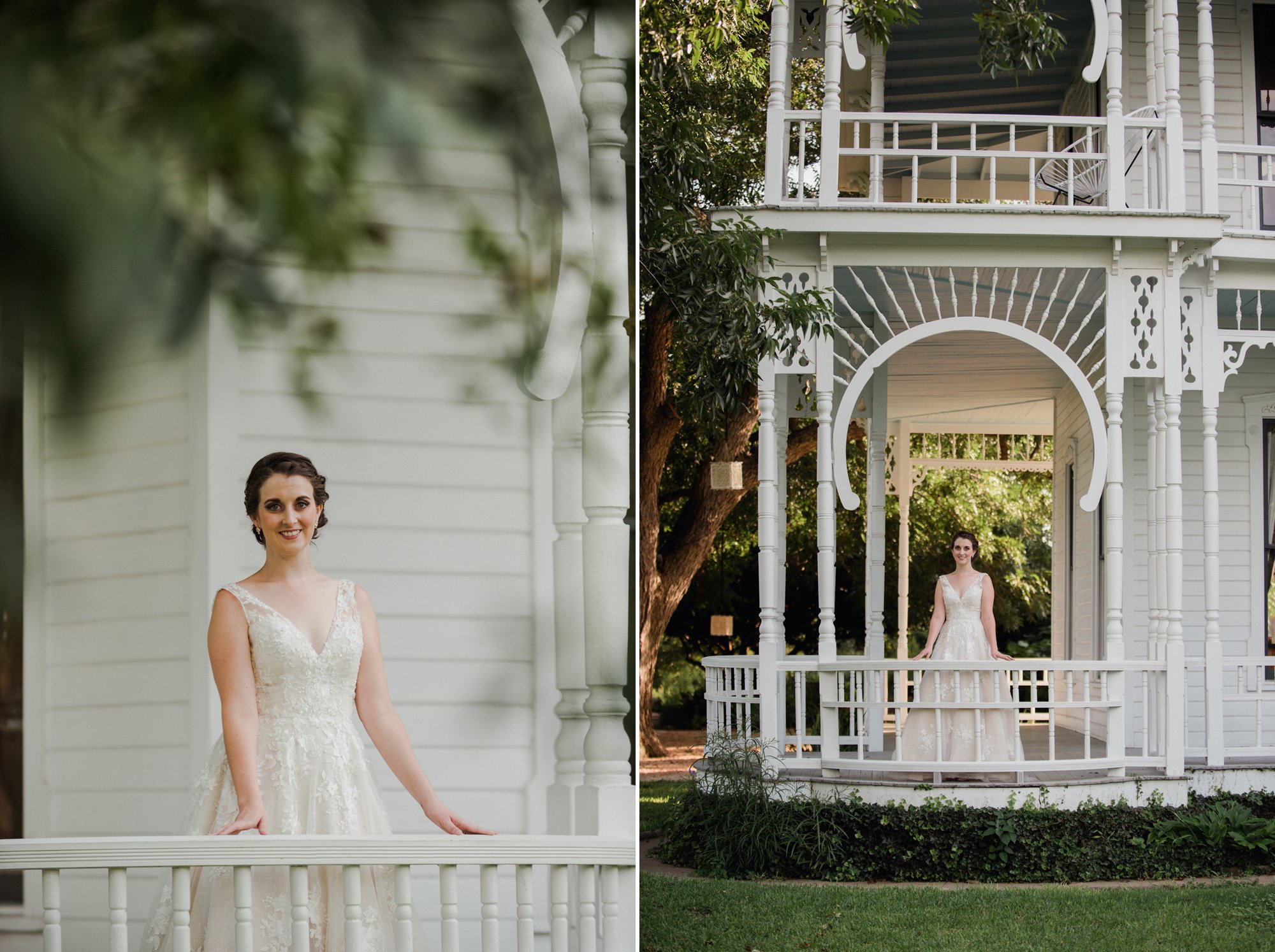 bridal portraits at the barr mansion on the porch during the summer, barr mansion bridal session