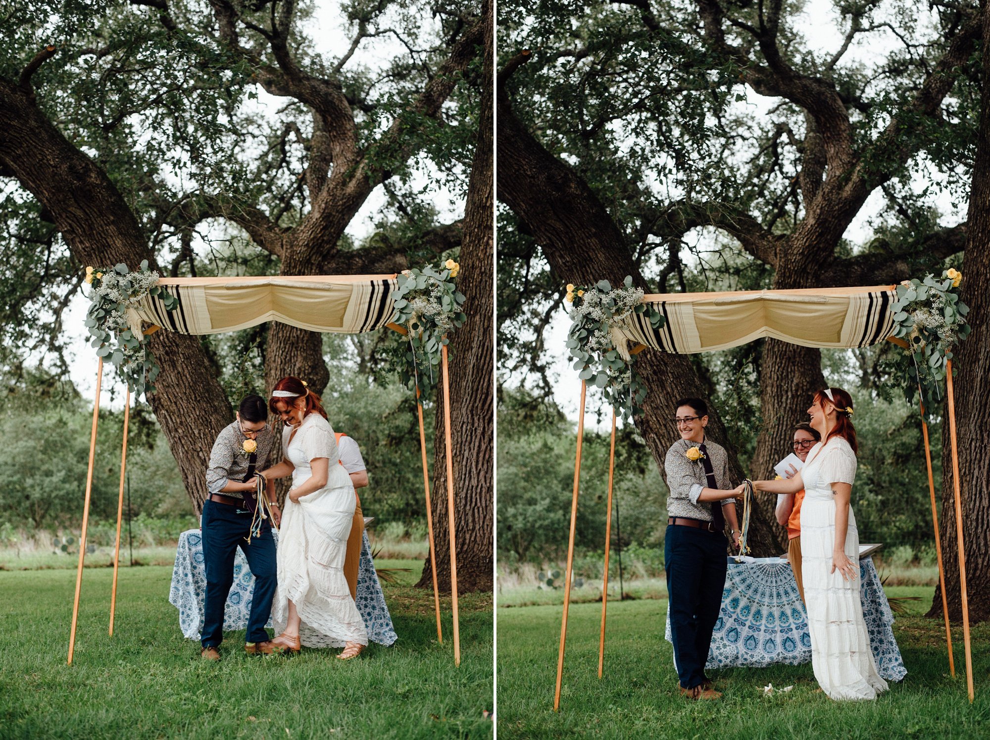 a same sex jewish couple smashes the glass together at their backyard outdoor wedding under the big oak trees at the Plant at Kyle