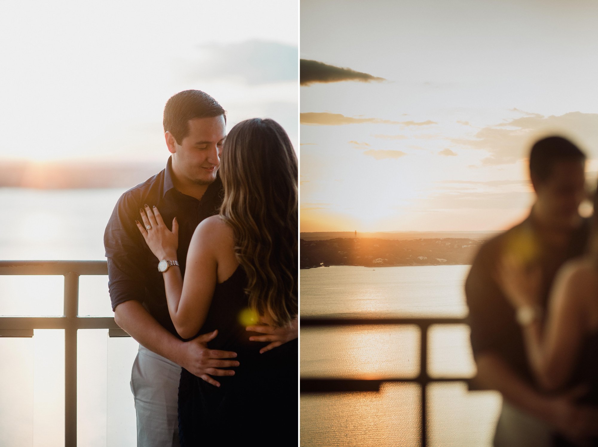 sunset engagement portraits after a proposal at the oasis lake travis.
