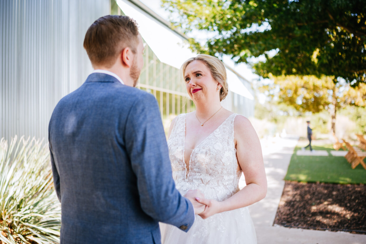 Bride cries during first look at wedding