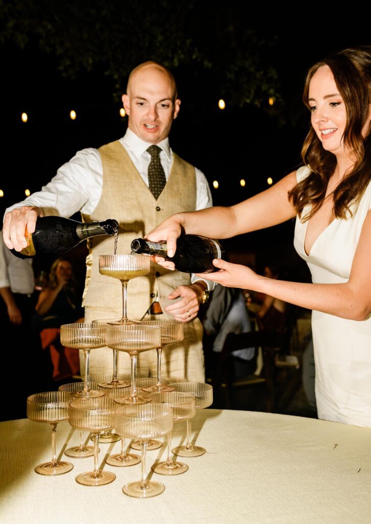 champagne tower at outdoor wedding