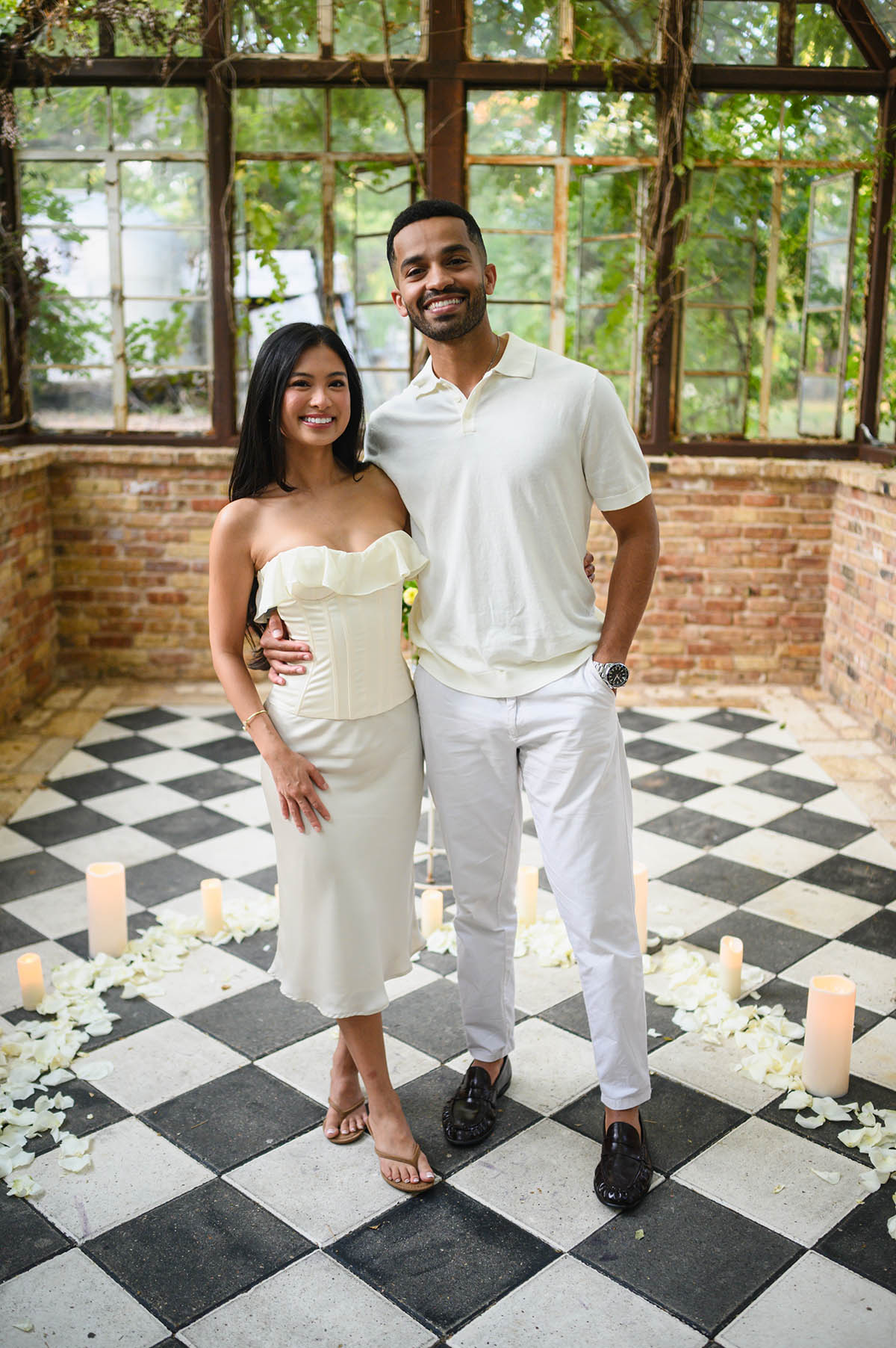 Classic engagement photos taken after a proposal at Sekrit Theater in Austin