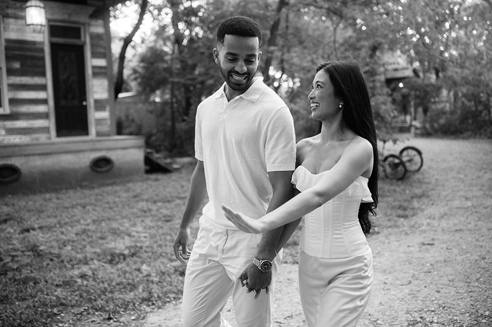 candid black and white engagement photos at sekrit theater in Austin